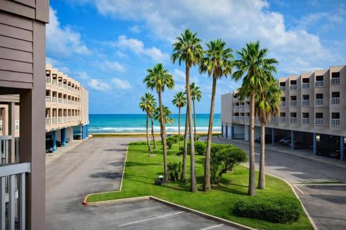 a view of the beach from the balcony of a hotel with palm trees at The Sandbar Stay - North Beach Waterfront Condo in Corpus Christi