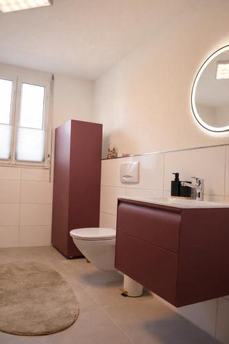 a bathroom with a toilet and a sink and a mirror at Ferienwohnung Südwind 2 in Hohentengen