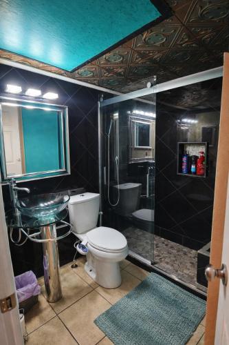a bathroom with a toilet and a shower and a sink at The Sandbar Stay - North Beach Waterfront Condo in Corpus Christi