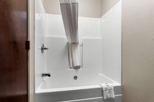 a bathroom with a bath tub with a shower curtain at Comfort Inn Evansville East in Evansville