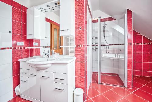 a bathroom with a sink and a shower with red tiles at U Jeřába - komplex B in Horní Věstonice