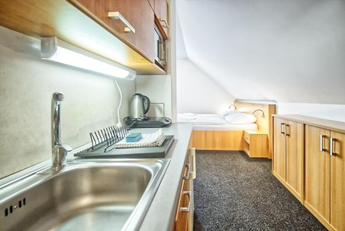 a small kitchen with a sink and a bed at U Jeřába - komplex A in Horní Věstonice