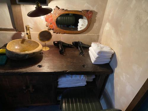 a bathroom counter with a sink and a mirror at Lane 82 Homestay in Chiayi City