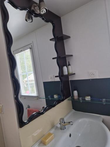 a bathroom with a large mirror above a sink at La Cabane de Nell in Lège-Cap-Ferret