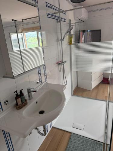 a white bathroom with a sink and a mirror at Haus Seeblick in Töschling
