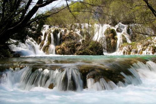 a group of waterfalls in a river with trees at Hotel Alpenblick in Bach