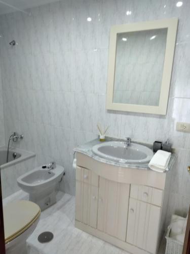 a bathroom with a sink and a toilet and a mirror at Cristel in Puentecesures