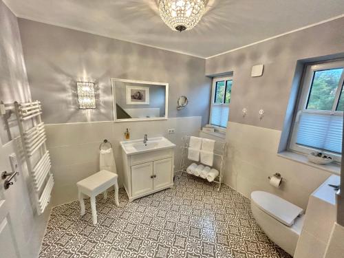 a bathroom with a sink and a toilet at Reetdachhaus Seestern in Garding