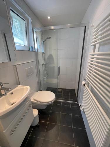 a bathroom with a sink and a toilet and a shower at De Snip in Ballum