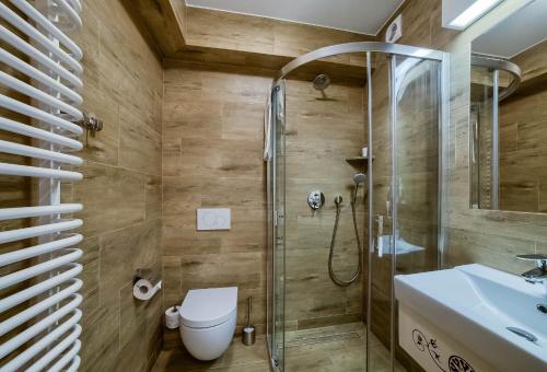 a bathroom with a shower and a toilet and a sink at Hotel Górski in Białka Tatrzanska