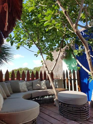 a couch sitting on a deck under a tree at Bloom! exclusive boutique b&b in Playa del Carmen