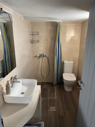 a bathroom with a sink and a toilet at Olive Mill Complex in Livadi