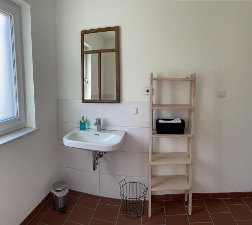 a bathroom with a sink and a mirror and a shelf at Guesthouse-Coburg 1 in Großheirath