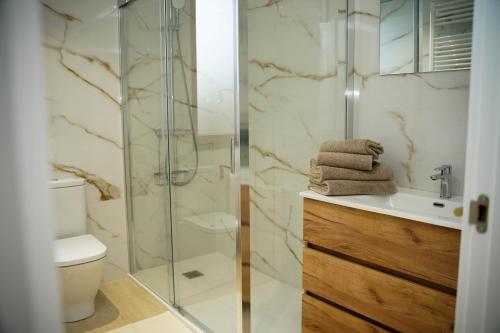 a bathroom with a shower and a toilet and a sink at La CASA ROJA SOLARES in Solares