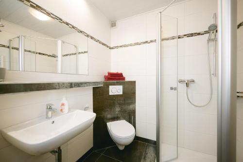 a bathroom with a sink and a toilet and a shower at Pension Seehof in Holzöster