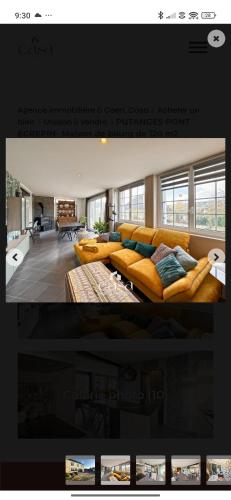 two pictures of a living room with a couch at Le gîte de la Roche in Putanges