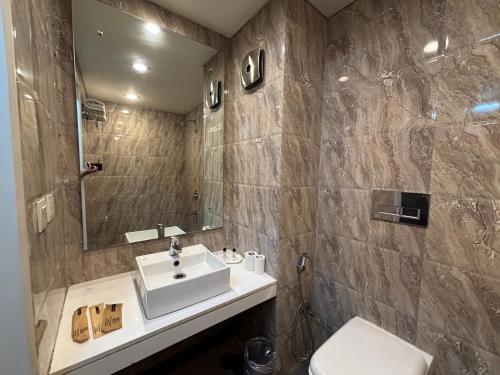 a bathroom with a sink and a toilet at Hotel Residency in Jalandhar