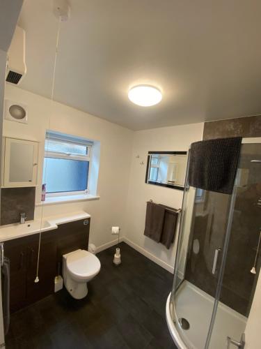 a bathroom with a toilet and a sink and a shower at Rosie’s rest in Bridlington