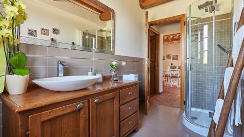 a bathroom with a sink and a shower at Petriolo - Tuscany Hills & Jacuzzi in Cerreto Guidi