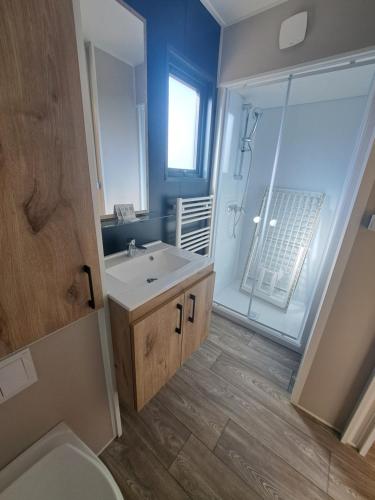 a bathroom with a toilet and a sink and a shower at Camping Les 2 Plages in Quend