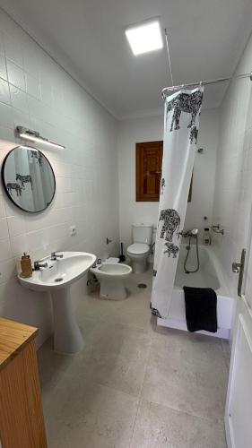 a bathroom with a sink and a toilet and a shower at Finca La Arboleda in Chipiona