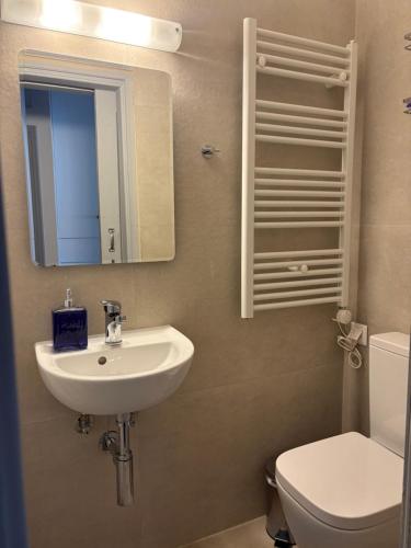 a bathroom with a sink and a toilet and a mirror at Villa Noza Kalamos in Kalamos