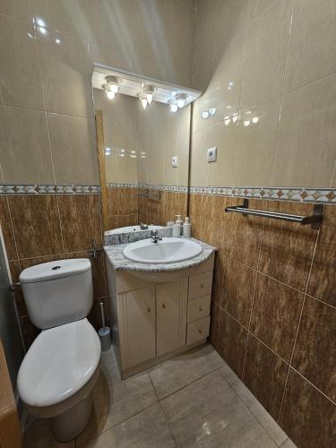 a bathroom with a toilet and a sink and a mirror at MEDDAYS Villa BERLÍN in Miami Platja
