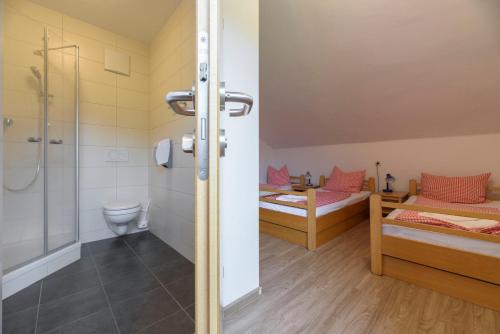 a bathroom with two beds and a shower at Luise Wehrenfennig & Haus EvA in Bad Goisern