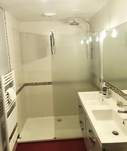 a white bathroom with a shower and a sink at Maison les Alouettes in Nevers