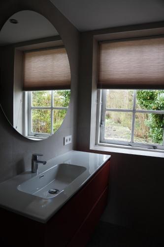 a bathroom with a sink and a mirror and two windows at Natuurhuisje Laanzicht Ophemert in Ophemert