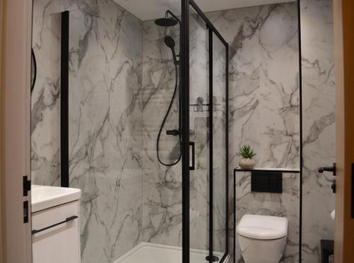 a bathroom with a shower and a toilet at Royal Six Apartments in Harrogate