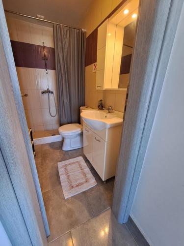 a bathroom with a sink and a toilet and a mirror at Despina in Kritinía