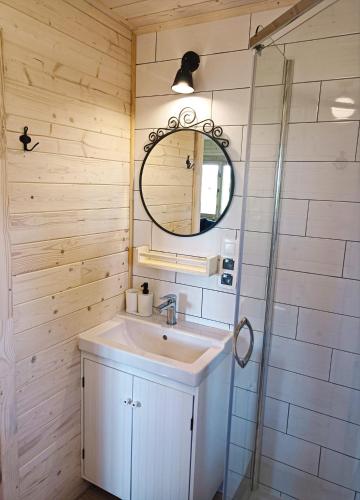 a bathroom with a sink and a mirror at Mazury na Miedzy in Orzyny