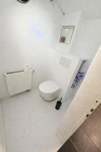 a white bathroom with a toilet and a sink at Schones Apartment mit Charme und privatem Garten in Schwieberdingen