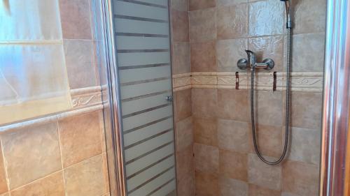 a shower with a glass door in a bathroom at MEDDAYS Villa CARMEN in Miami Platja
