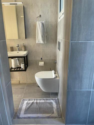 a bathroom with a sink and a toilet and a mirror at Villa Fay in Preveza