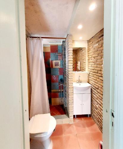 a bathroom with a toilet and a sink at Stone Kypri Apartment Andros in Kipri
