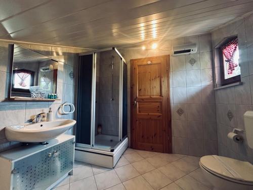 a bathroom with a sink and a shower and a toilet at Kuća za odmor Srce in Slavetić