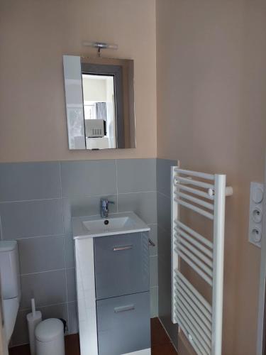 a bathroom with a sink and a mirror at Gîte Rabanier in Saint-Ciers-dʼAbzac