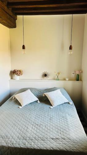 a bedroom with a large bed with two pillows at La maisonnette du Morvan in Cussy-en-Morvan