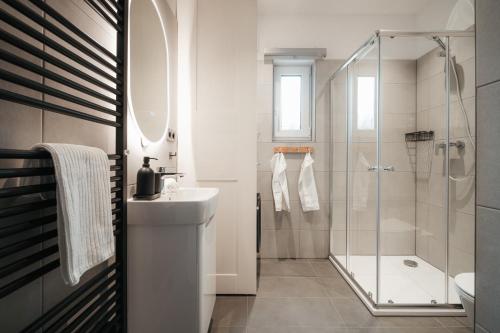 a white bathroom with a shower and a sink at Domeček U Potoka in České Budějovice