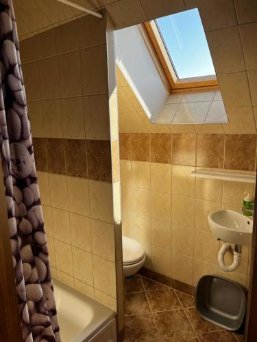 a bathroom with a toilet and a skylight at Andromeda in Mikoszewo