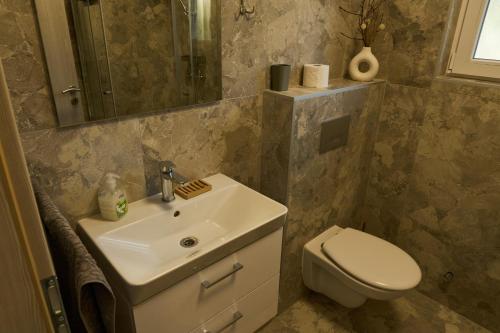 a bathroom with a sink and a toilet and a mirror at Netto Apartman in Fonyód