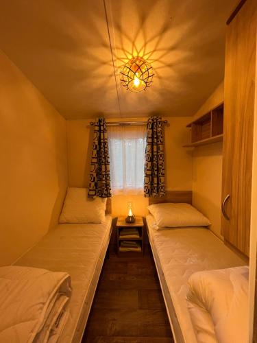 two beds in a small room with a window at De Wilg Beerse, tiny house with meadow view, animals in Beerse