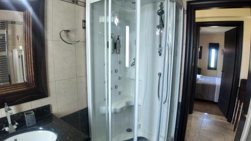 a bathroom with a glass shower and a sink at Villa Arena Theologos in Theologos