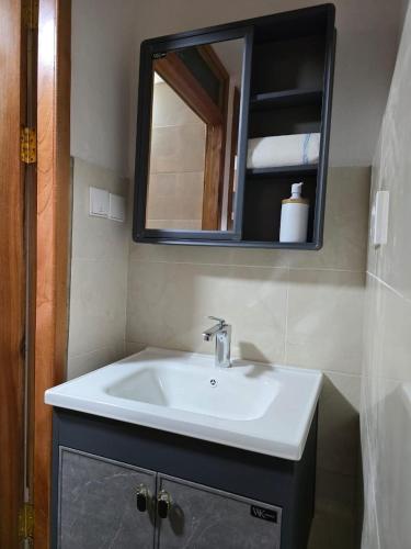 a bathroom with a white sink and a mirror at Green Life Apartment in Sakumona