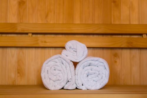 a pair of towels sitting on a shelf in a sauna at Tanguero Hotel Boutique Antique in Buenos Aires