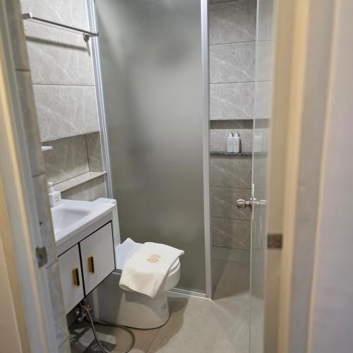 a bathroom with a shower and a toilet and a sink at Sunflower Residences Capitol in Cebu City