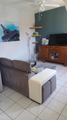a living room with a couch and a tv at Maison, jardin, barbecue et vélo classé 3 étoiles in Dives-sur-Mer