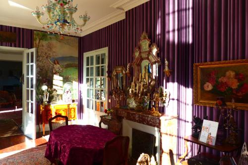 a living room with a fireplace and purple walls at La Rebière d'Or, B&B et Gîte in Mouleydier